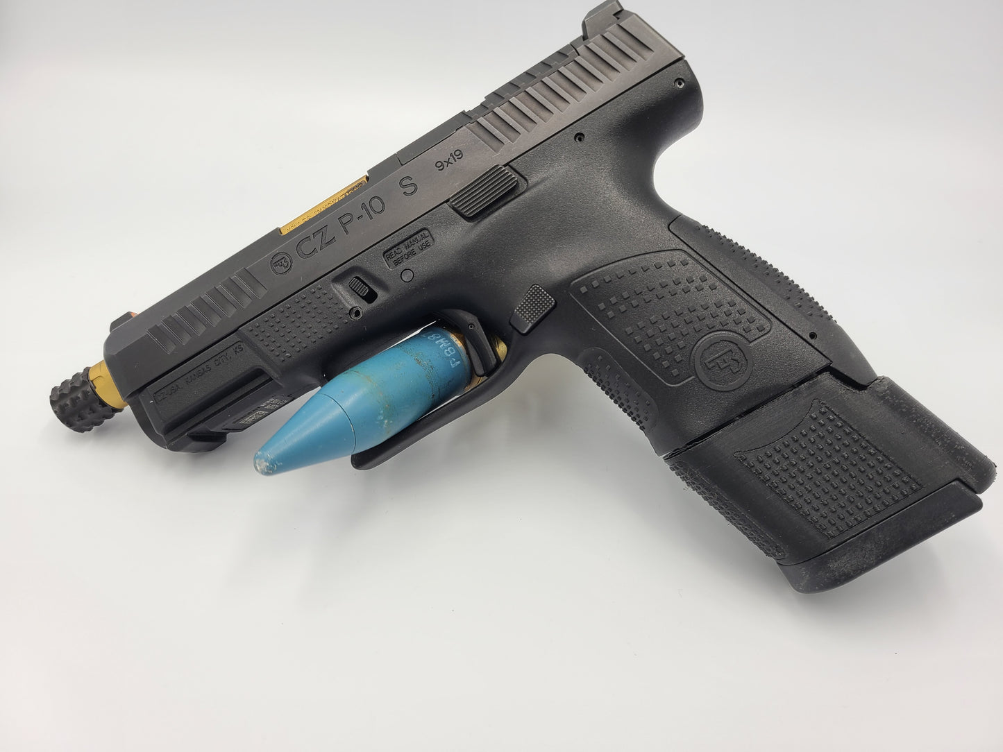 CZ P10s Magazine Sleeve. Used to adapt the CZ P10F 19 round magazines to the subcompact frame.
