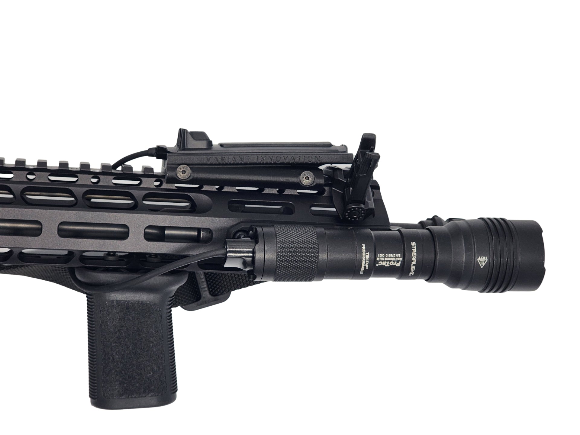 Many accessories, such as the offset Magpul sights, fit underneath the overhang of the F-Stop, but still allow for use