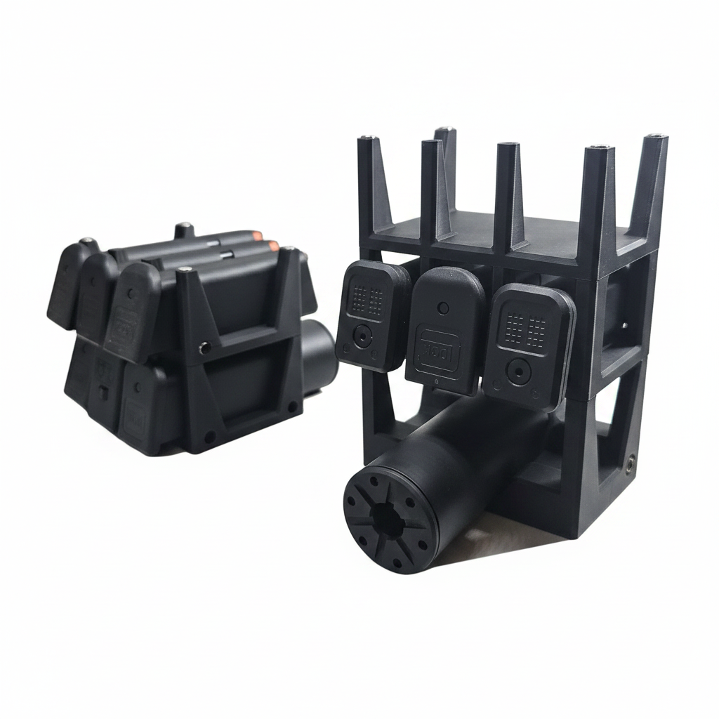 Storage racks for firearms Magazines and Suppressors.  Magnetically stacking and aligning. 