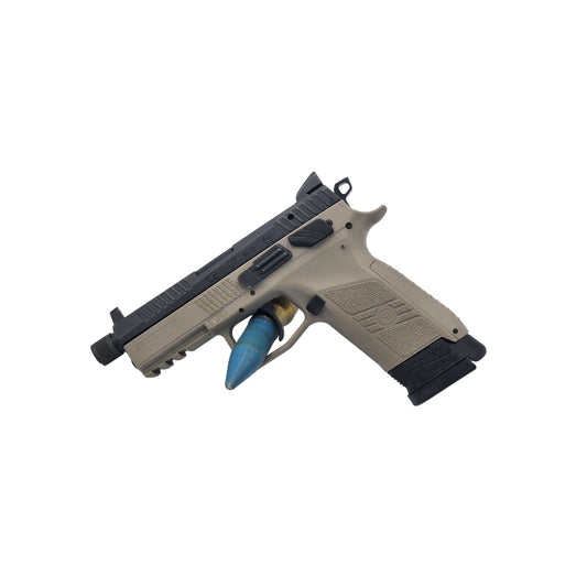 CZ P07 is a compact, polymer frame, hammer fired firearm.  the Adapter sleeve allows for the use of P09 19 round magazines in the P07